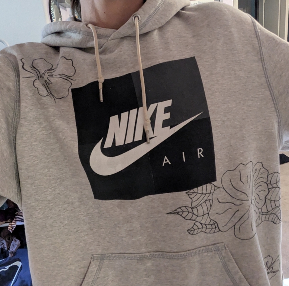 Nike Gray Hoodie with Black Logo and Floral Accents